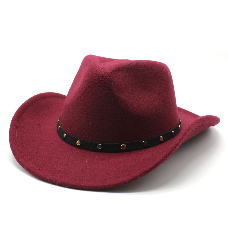 Wool Women Men Western Cowboy Hat Punk belt Gentleman Cowgirl Bowler Cap Jazz Church Cap Sombrero Hombre: Red wine
