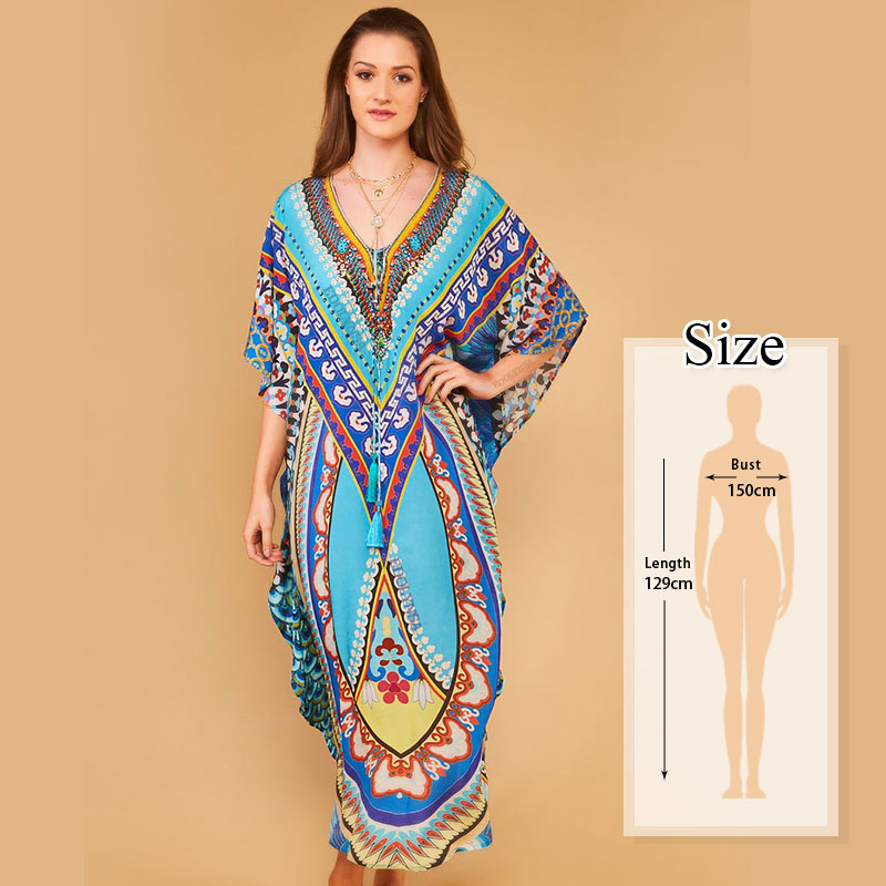 Marokkaanse Kaftan Bohemian Gedrukt Zomer Jurk Lange Katoenen Tuniek Vrouwen Plus Size Beach Wear Badpak Cover Up Robe de Plage: Q956