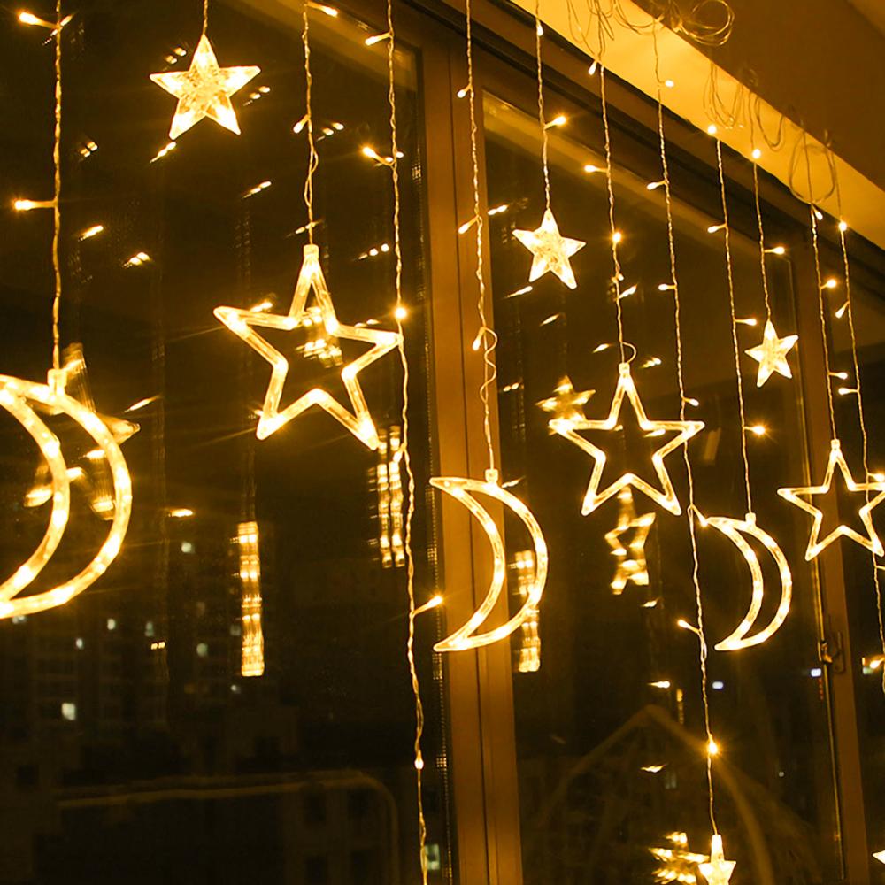 Christmas decoration Solar Powered LED Curtain Lights with Stars Moons Dimmable 8 Lighting Modes with Timer Twinkle String Light