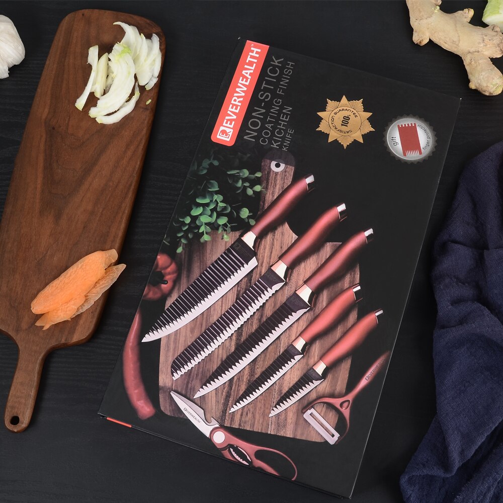 Sowoll køkkenkniv æskesæt i rustfrit stål sakseskræller brødskæring værktøj kokkekniv familie rød grøn farve