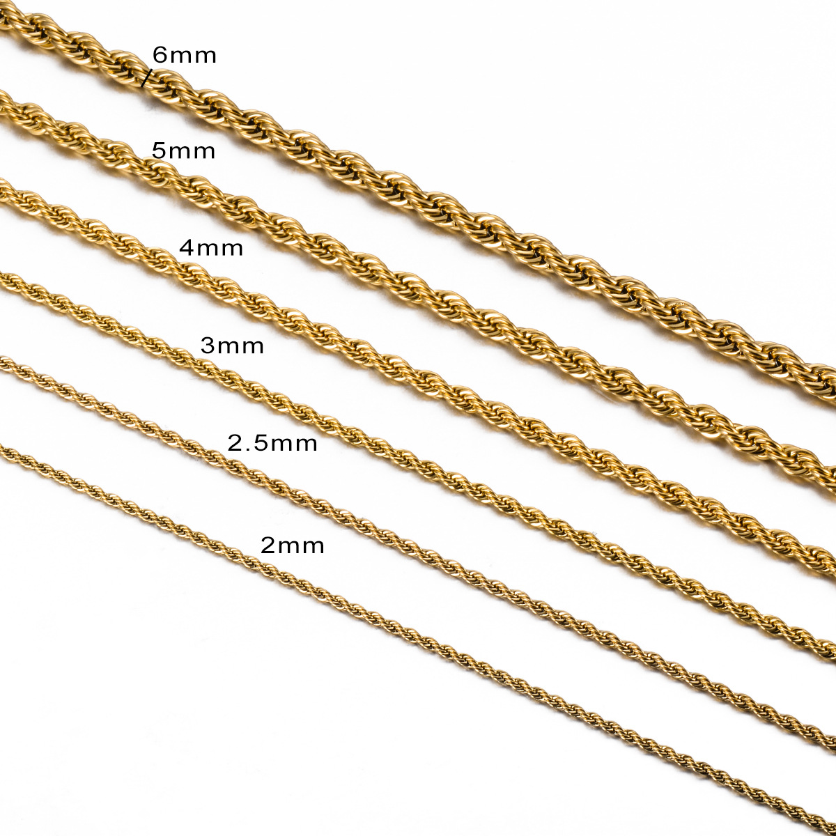 Cadena de eslabones de cuerda trenzada de 2mm/2,5mm/3mm/4mm/5mm/6mm de ancho, collar de Color dorado para hombres y mujeres, collar de cadena de acero inoxidable, joyería