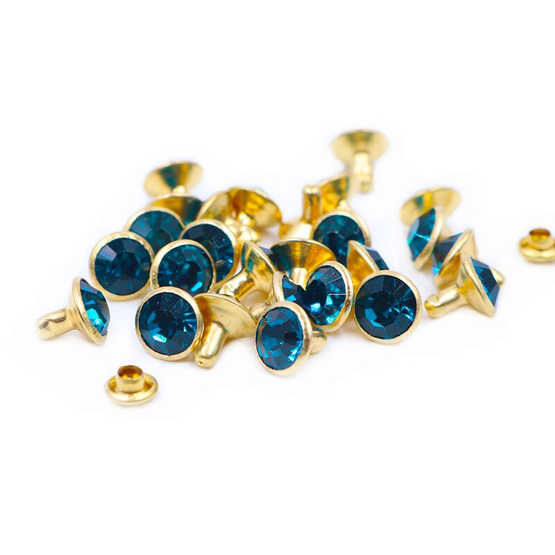 100setzt 8mm Blau Zirkon Kristall Strass Nieten Goldene Metall Basis Nieten Stunds Für Kleidung Tasche Leder Niet