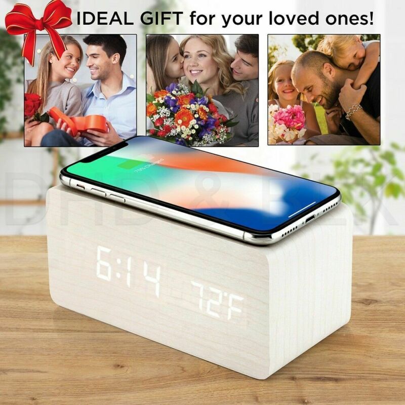 Moderne Houten Hout Digitale Led Desk Wekker Thermometer Qi Draadloze Oplader Bureau Tafel Klokken