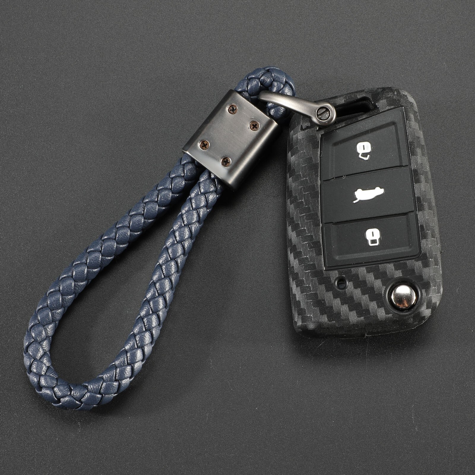 Carbon Silicone Key Case Cover For VW Polo Golf 7 Tiguan Skoda Octavia Karoq SEAT Ateca Leon Ibiza KeyChain Key Ring: Dar kBlue Long braid