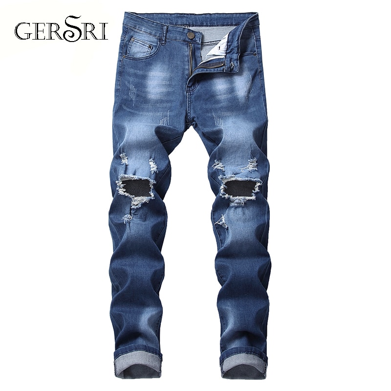 Gersri Mens Biker Demin Jeans Stretch Destroyed Ripped Cowboy Pants Printed Pocket Soft Skinny Hole Jean For Male