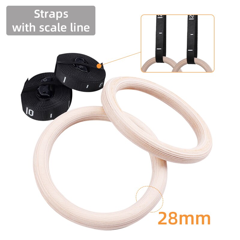 Trä gymnastikringar 32/28mm dia olympiska gymringar för hemmagym fitness bra för din muskelbyggande ab träningsstyrka: 28mm- band med lina