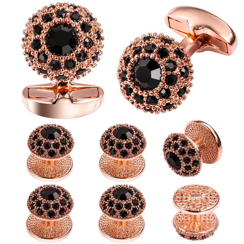 Hawson nova abotoaduras e botões de punho 8 pçs conjunto para homem venda quente colar de smoking de cristal botões de punho conjunto camisa francesa jóias masculinas: Rose Gold Black