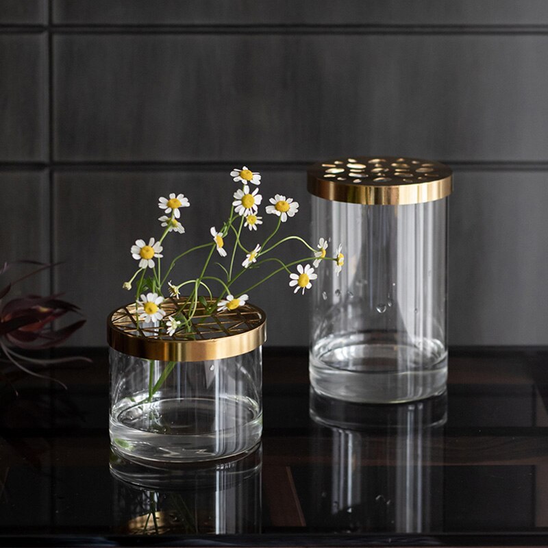 Nordic Transparent Glass Vase Golden Grid Cover Living Room Flower Arrangement Ikebana Decoration Desktop Hydroponic Plants Tool