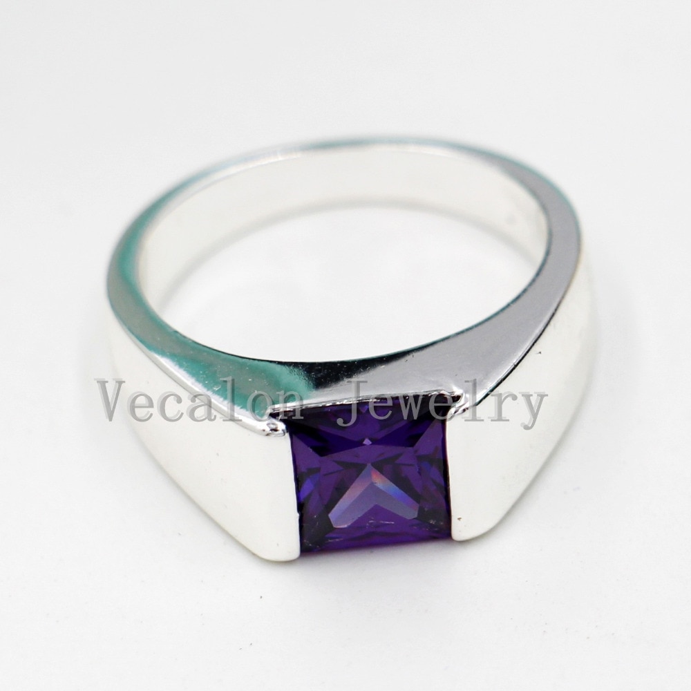 Vecalon Male Jewelry Princess Cut 4ct purple Cz 925 Sterling Silver Engagement wedding Band ring for Men Sz 8-12