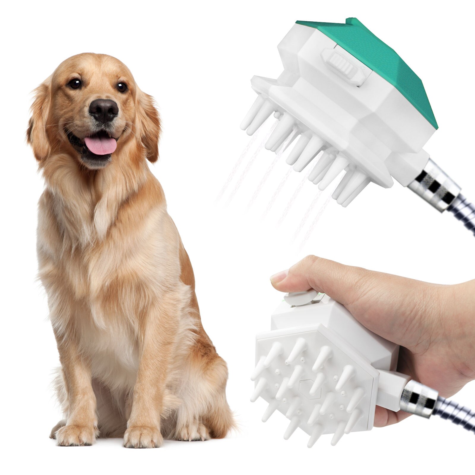 Brosse de bain 3 en 1 pour chien, pommeau de douche, pulvérisateur, distributeur de shampoing et de Gel douche, accessoire de toilettage pour chiens et chats: Turquoise