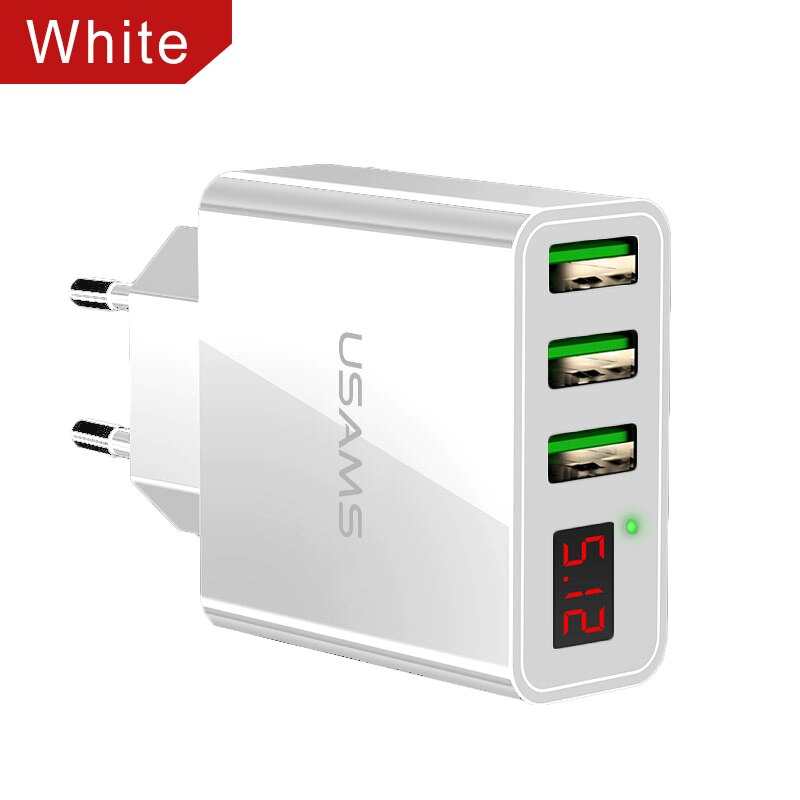 Usams 3 Usb Telefoon Oplader Mobiele Telefoon Oplader Led Display Max 3A Eu Wall Charger Voor Iphone Samsung Xiaomi Charger usb Adapters: EU White color