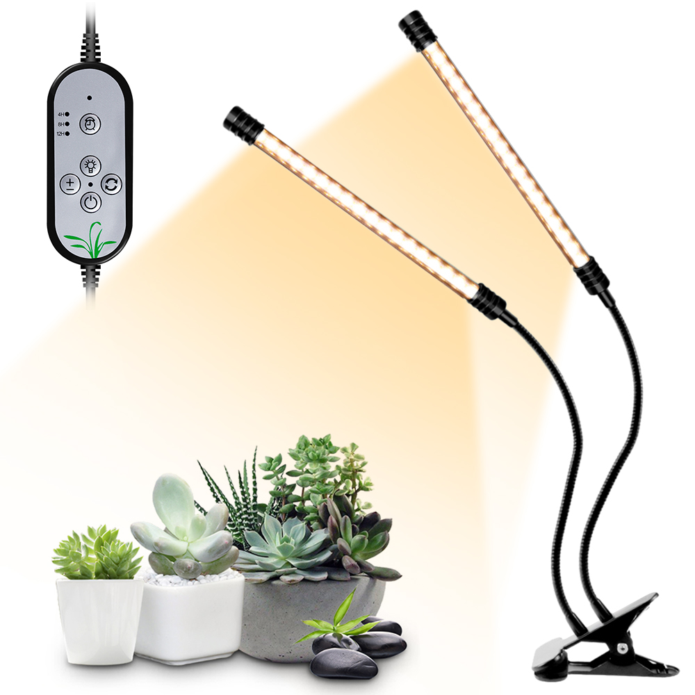 Usb plant odlingsljus solljus vit fullspektrumbelysning bordsklämma odlingslampa för växter 5 dimbara nivåer 4/8/12h timer: 2 huvud