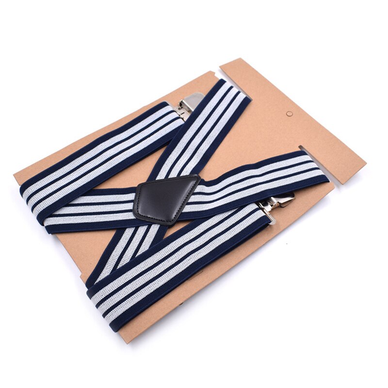 Men Braces Suspenders 5cm Back Heavy Duty Biker Snowboard Trousers Elastic 4 Clips LL@17: Navy Blue And White