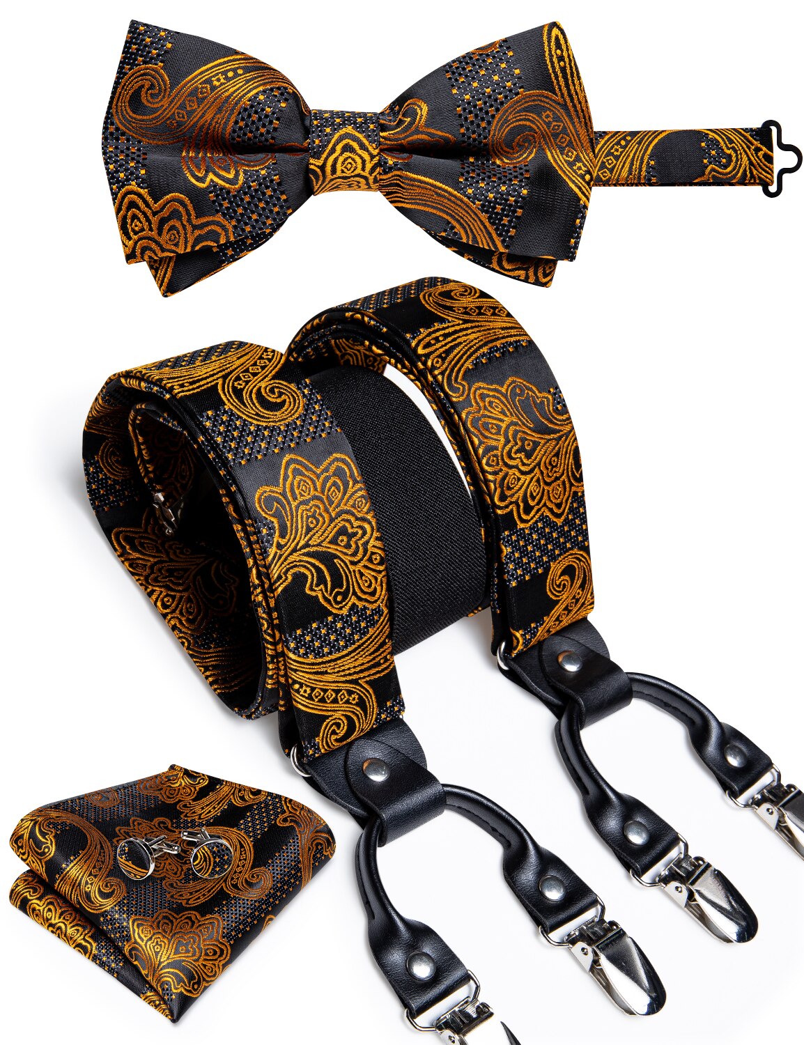 Elegante Gouden Paisley Zijde Bretels Mannen Real Leather Metal 6 Clips Bretels Elastische Bretels Broek Bandjes Mannen Dibangu: BD-4014