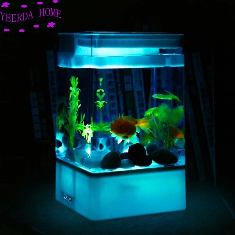 Multicolour Fish tank met LED light + USB Mini Kleine acryl plastic Aquarium bureau transparante Vis kom Originaliteit