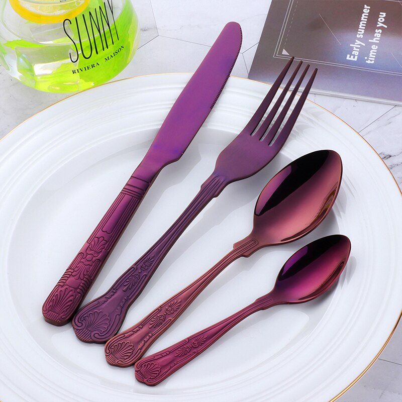 4-24PCS Luxury Flatware Set Stainless Steel Tableware Knives Forks Dining Dinner Spoon And Fork Western Food Dinnerware: 4 sets (16pcs) / purple