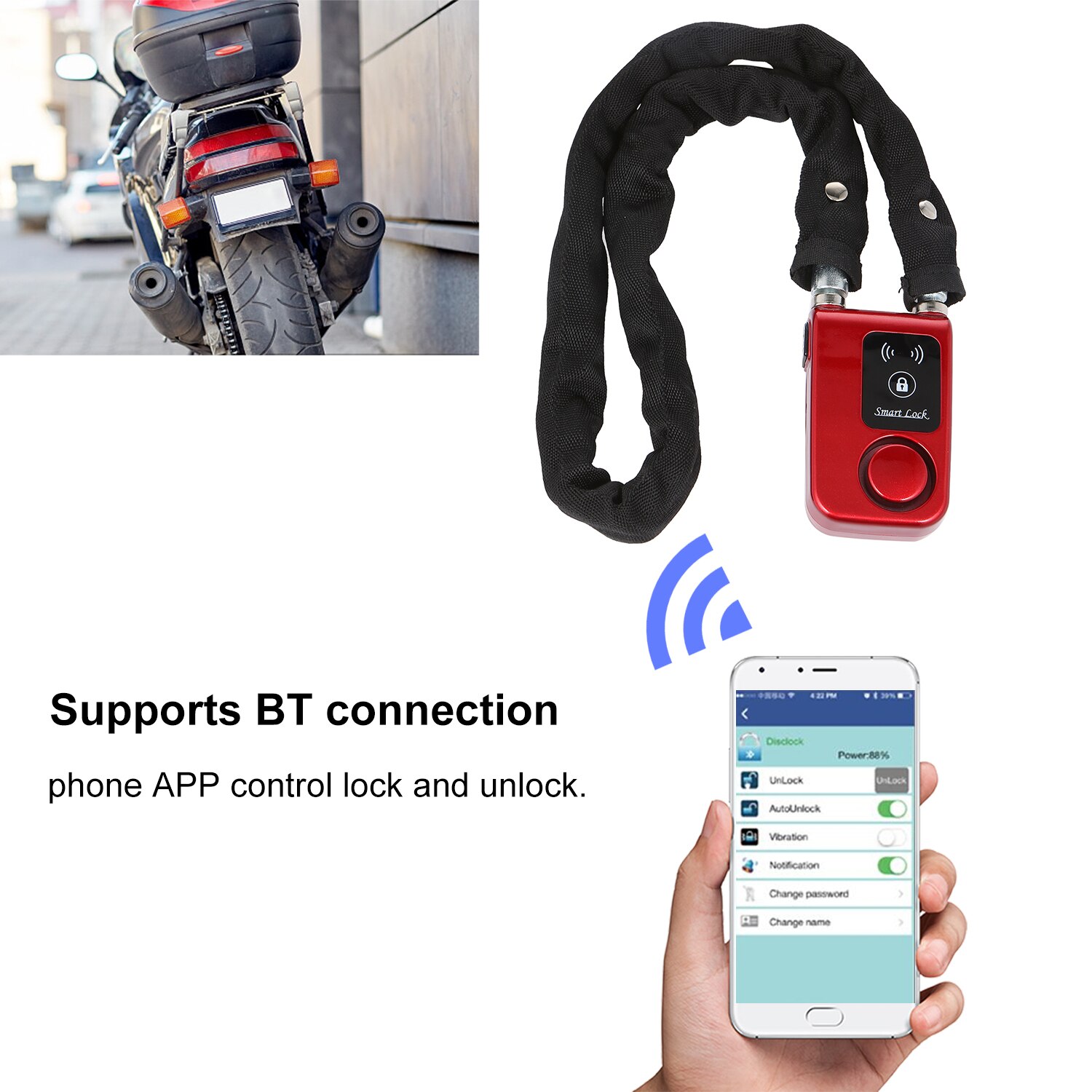 Keyless BT Lock 80CM Steel Cable Anti Theft Alarm Lock Phone APP Control Smart Lock for Bicycle Motocycle Gate Lock IP55