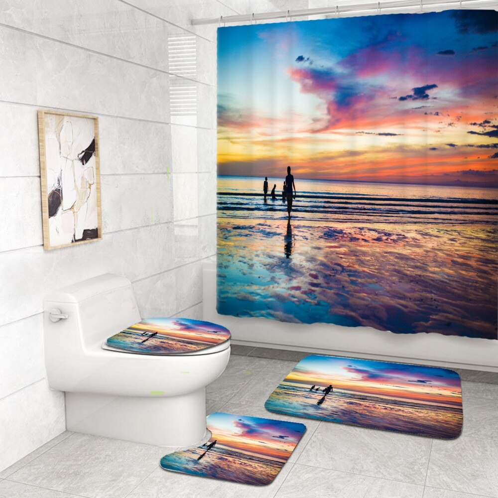 4 Piece Tropical Beach Bathroom Set Seaside Scenic Area Sunset Print Waterproof Shower Curtain Bath Rug Mats Set Toilet Cover: color-4