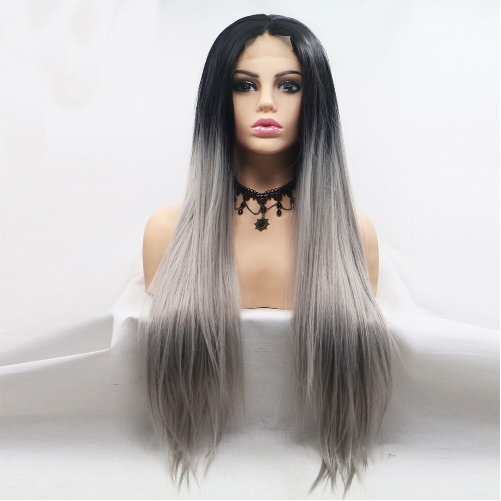 24 tommer lang lige sort paryk til kvinder naturligt udseende syntetisk fiber midterste del frontal blonde parykker til daglig fest