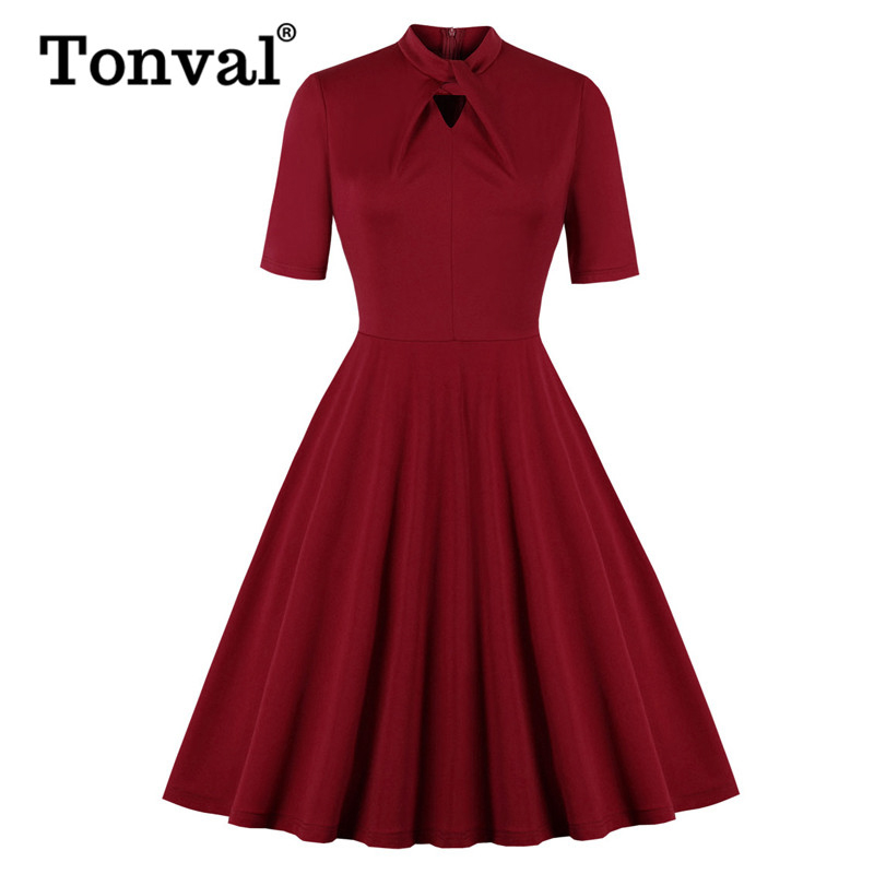 Tonval Twist soporte cuello recorte frente rojo sólido Vintage ocio vestido manga corta una línea de verano mujeres elegantes vestidos