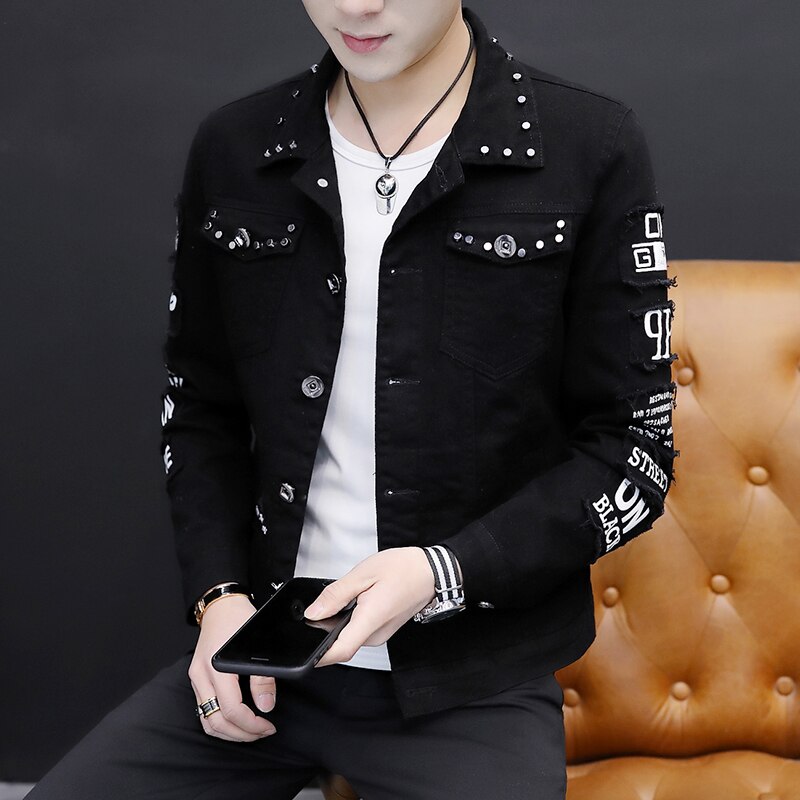 Spring white denim jacket men korean clothes Slim men jacket spring Handsome rivet bomber jacket men: Black / XXL