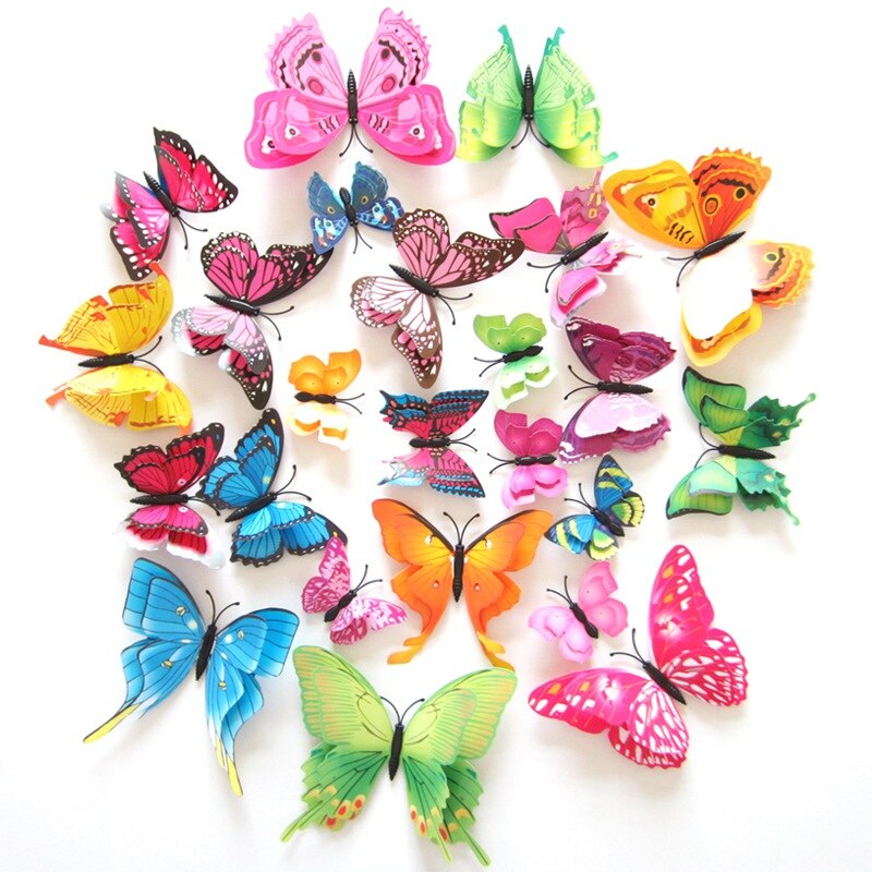 Pegatinas de mariposas artificiales 3D DIY 12 Uds. Para el hogar, decoración de tejas para el frigorífico, autoadhesivo impermeable extraíble de dos pisos