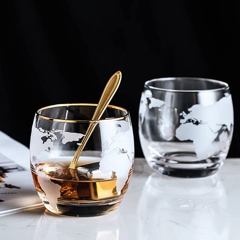 250 ML Whiskey Glass Etched Globe Glass for Vodka Rum Scotch Glass World Map Rocks Glass for