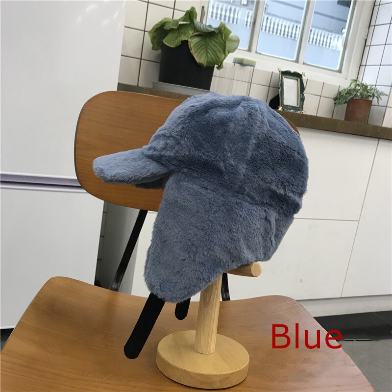 Gorros de lana con capucha para mujer, gorro de lana estilo aviador, cálido, para esquiar, Otoño e Invierno: Azul