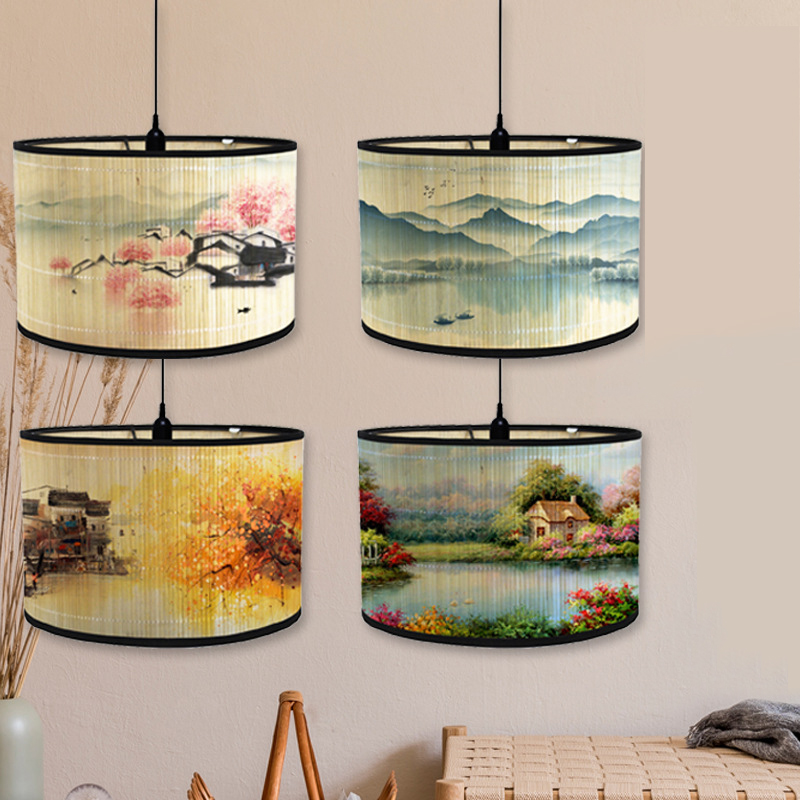 Pantalla de lámpara de pintura de paisaje de estilo japonés, cubierta de luz trenzada de bambú, pantallas de lámpara de pared de araña, pantalla de luz de Arte de Bambú