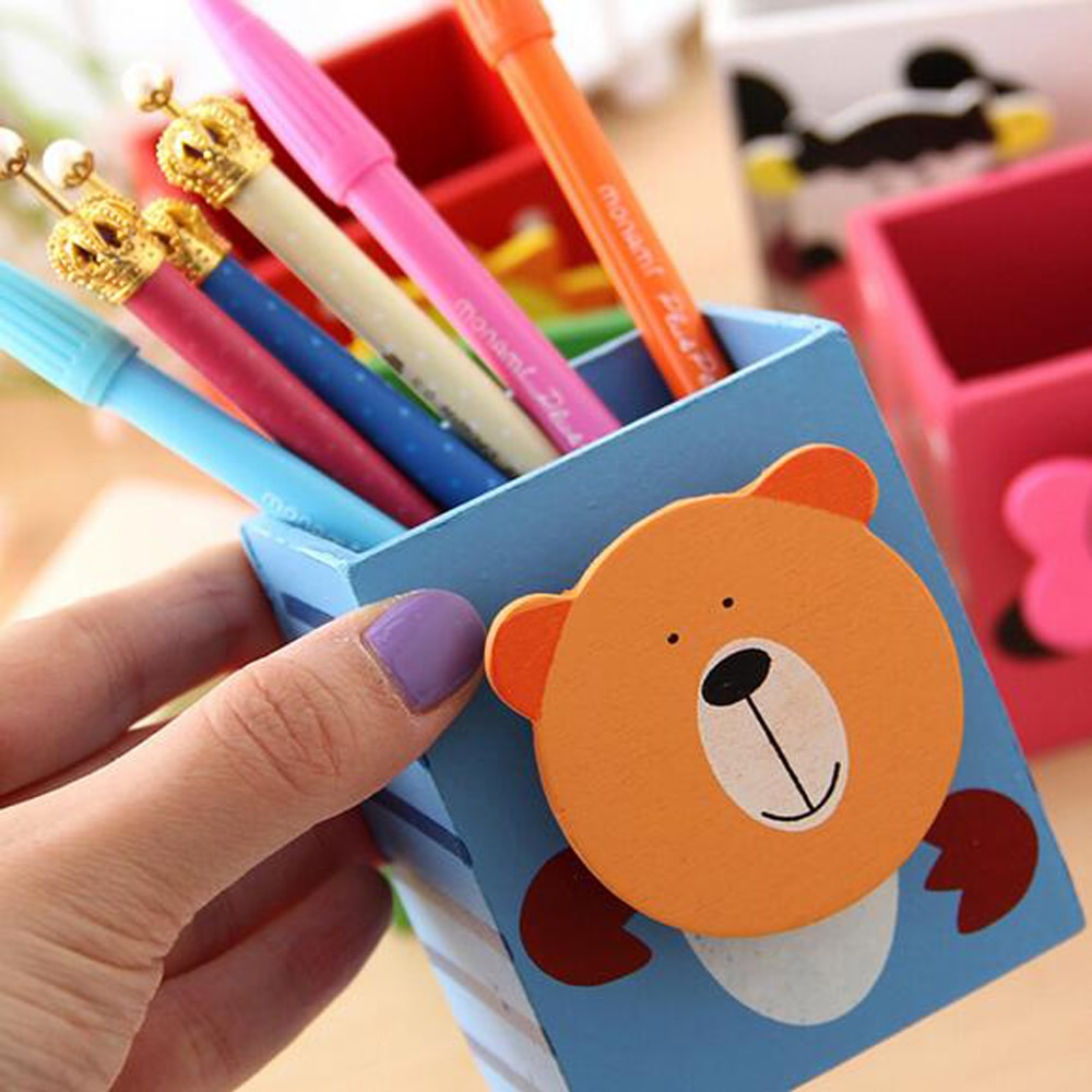 Wooden Pencil Holder Cartoon Pen Organizer Container Desktop Cute Stationery Desk Decoration For School Office Kids Children
