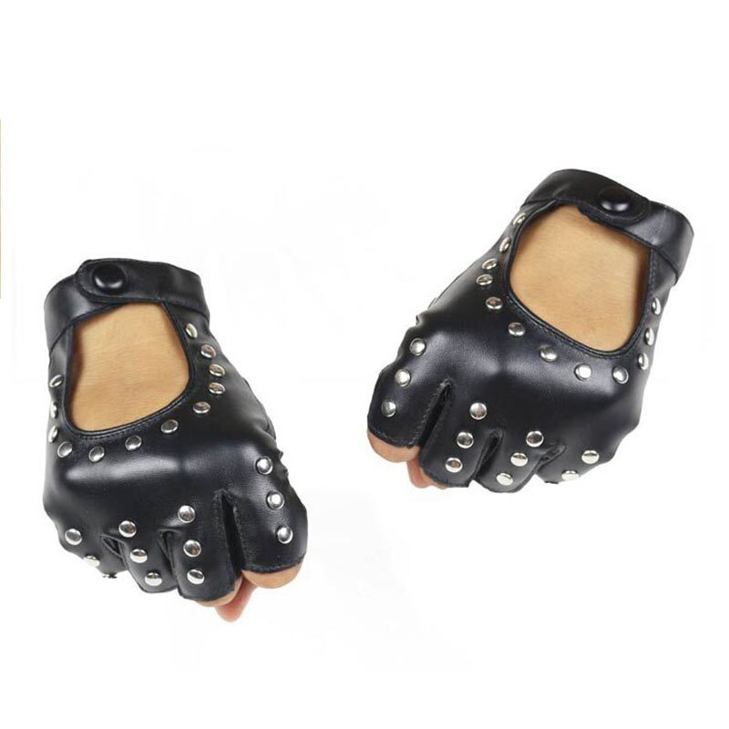 Guantes de conducir dedo para mujer, mitones de cuero sin dedos, transpirables, PU, remaches, Luvas de baile, color negro, 1 par