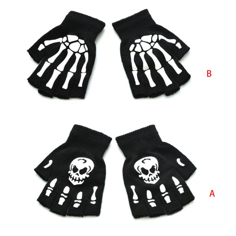 3pcs Skeleton Luminous Gloves for Kids Halloween Cosplay Children Fingerless Mittens Warm In Winter