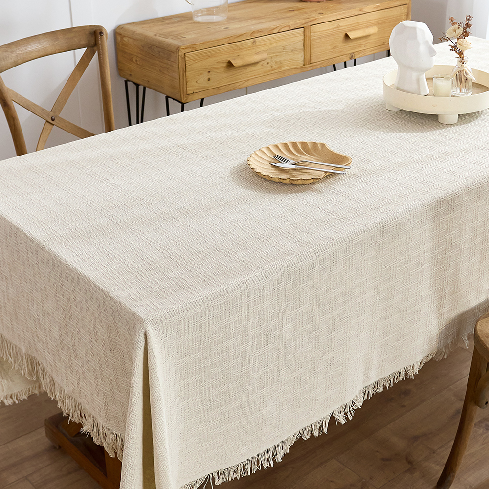 Katoenen linnen tafelkleed Rustieke boerderij vierkante tafelkleden Jute tafelhoezen met kwastje voor keuken dineren picknick bruiloft: Ivoor / 90*180cm