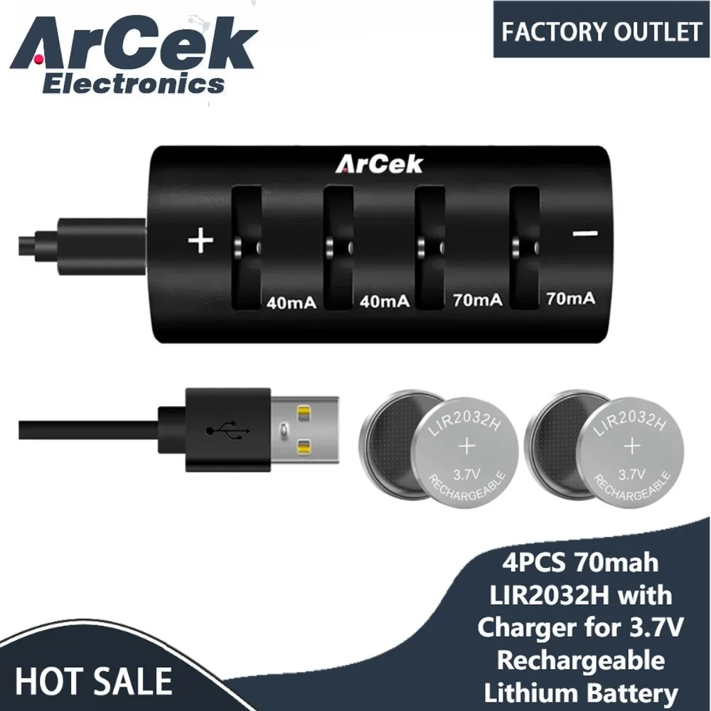 4 pces 70mah lir2032h com carregador para bateria recarregável 3.7v baterias de célula de botão de moeda de lítio para relógio chave do carro placa-mãe