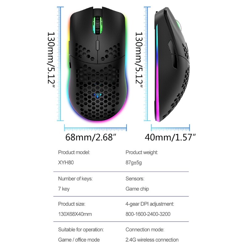 XYH80 Hollow-out Honeycomb 2.4GHz Wireless Gaming Mouse 4 Gear 3200 DPI RGB Lighting Mice for PC Laptop