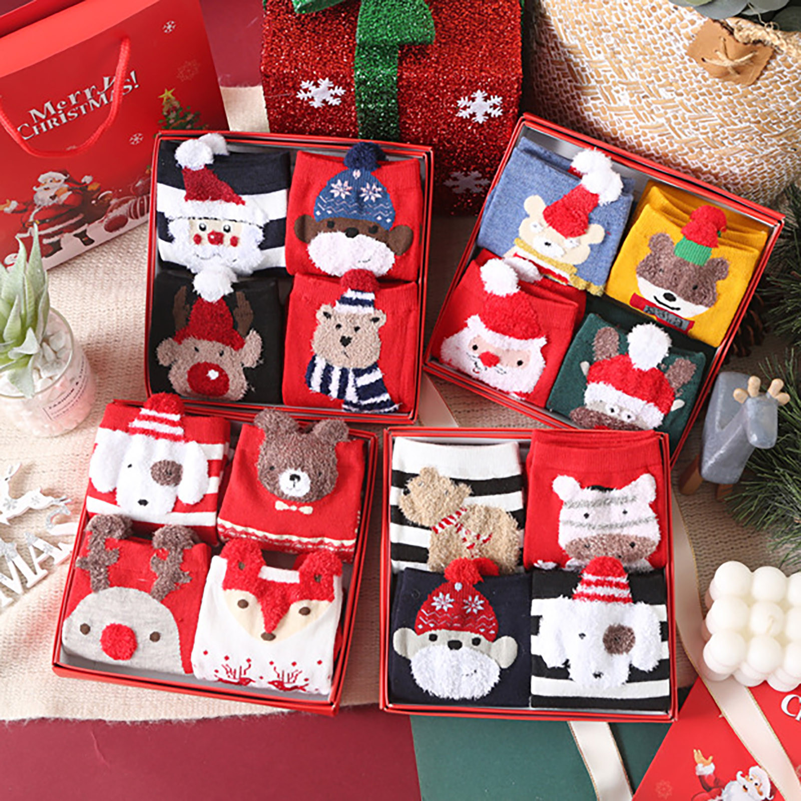 4 Paires Chaussettes Noël - Coton Femme Mi-mollet - Cartoon Décoratif - Hiver Festif