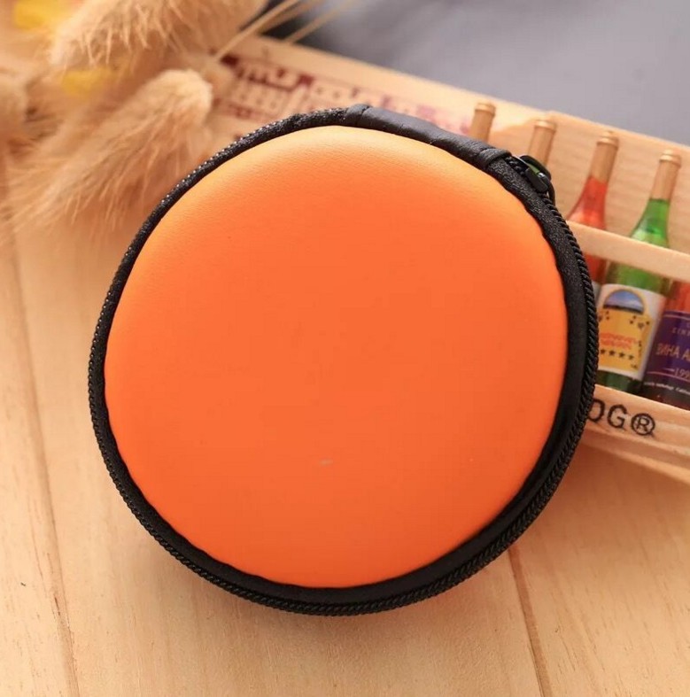 Ronde Draagbare Oordopjes Doos Mini Rits Hard Headphone Case PU Leer Oortelefoon Case Opbergtas Beschermende USB Kabel Organizer: Oranje