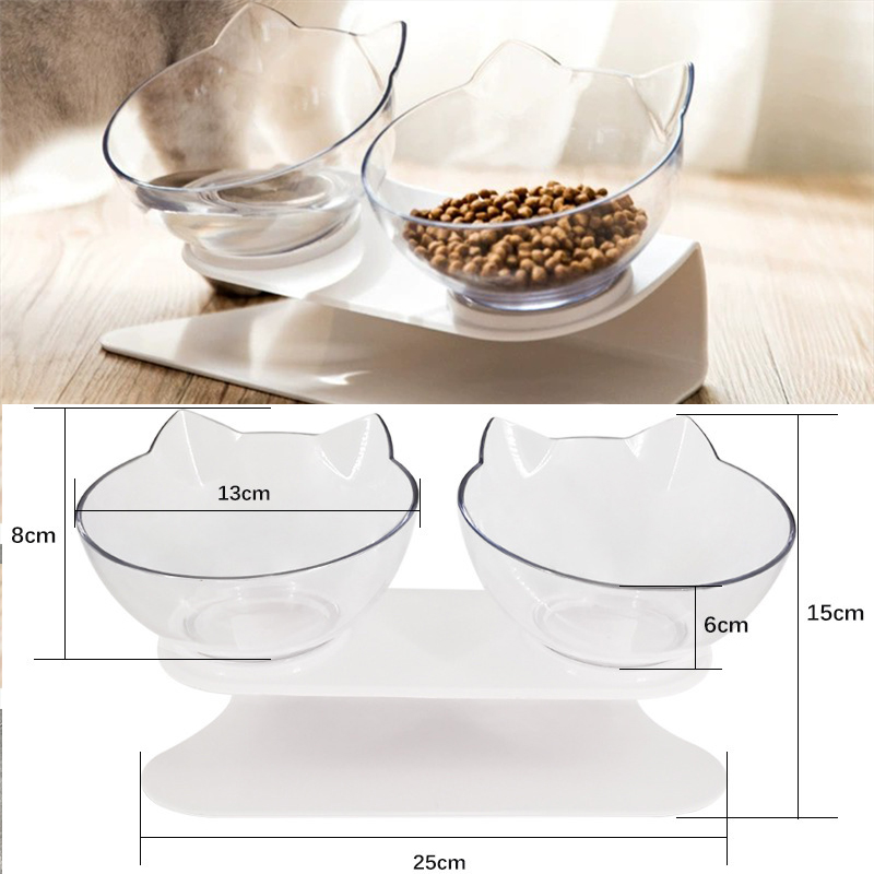 Double Cat Feeding Bowl PC Plastic Cat Shape 2 Cat feeder Container 15 Degree Tilted Pet Inclination Stand Cats Feeding Bowl