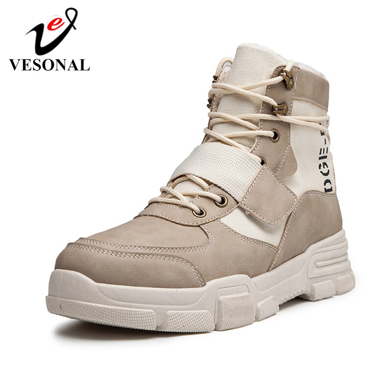 VESONAL hommes toile cuir cheville hiver neige bottes hommes chaussures baskets vintage fourrure en peluche mâle décontracté botte en plein air chaussures