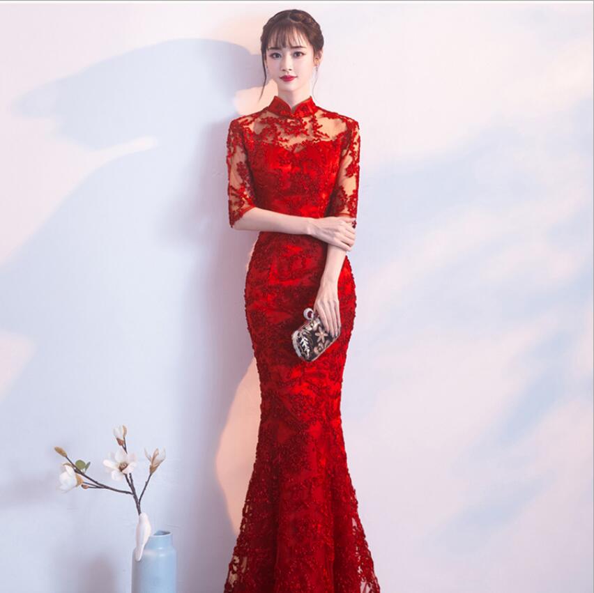 Robe longue Qipao en dentelle, rouge, pour la mariée, tenue sirène, pour le mariage chinois traditionnel, tenue chinoise orientale