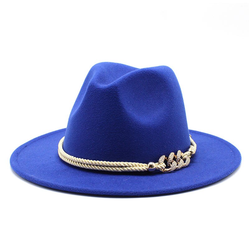 Chapeau fedora noir/blanc à large bord en feutre pour homme et femme, en mélange de laine artificielle, simple, église, derby, haut-de-forme, panama, solide, jazz, casquette: royal Blue