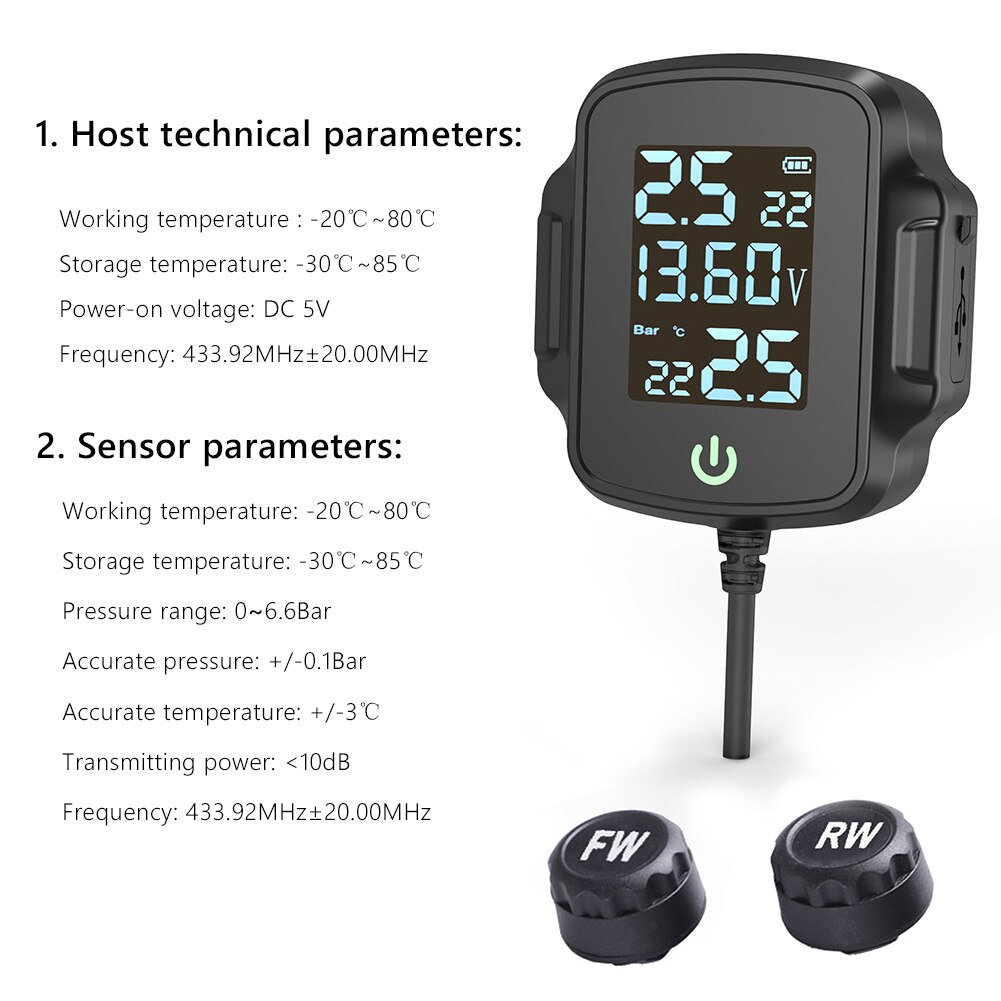 Motorfiets Tpms Motorbike Tire Pressure Monitoring System Tyre Temperatuur Alarm Systeem Met Qc 3.0 Usb Lader Voor Telefoon