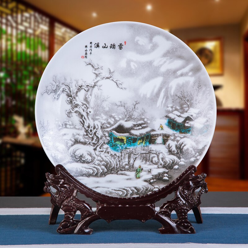 Ceramic Ornament Plate Livingroom Table Figurines Crafts Porcelain Plate Handicraft Wedding Desktop Home Decor Plate Table Art