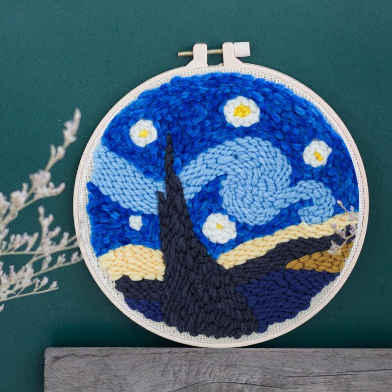 DIY Easy Punch Needle Embroidery Kit Needlework Landscape Cross Stitch for Beginner Handmade Sewing Wall Painting Home Decor: Plastic hoop 1 / Punch needle kit