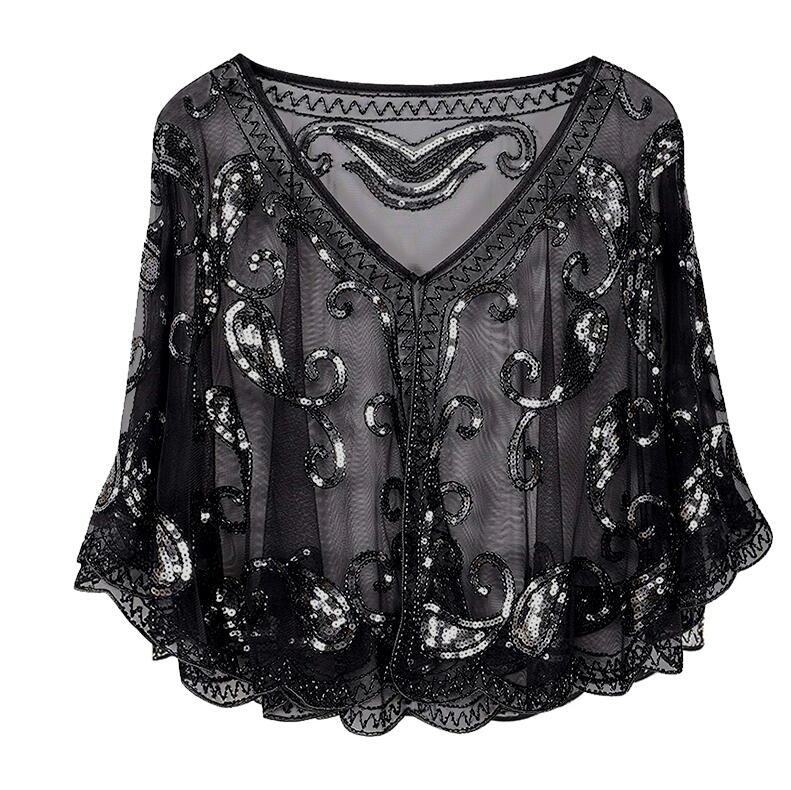 JaneVini paillettes scintillantes Capes de soirée pour femmes or noir perles fête de mariage enveloppes de mariée Boleros manteau étoles Cape de mariée: Black