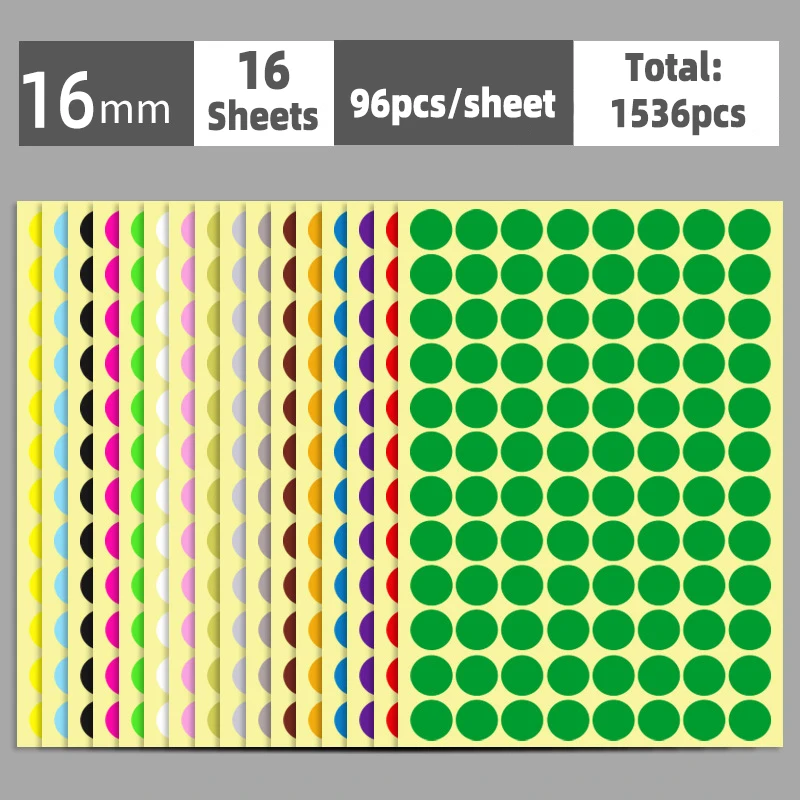 Autocollants à pois auto-adhésifs, étiquette ronde, fournitures scolaires, document mixte, multi-taille, 6mm, 8mm, 10mm, 13mm, 16mm, 19mm, 25mm, 32mm, 50mm, 100mm, 16 feuilles: GRIS FONCÉ