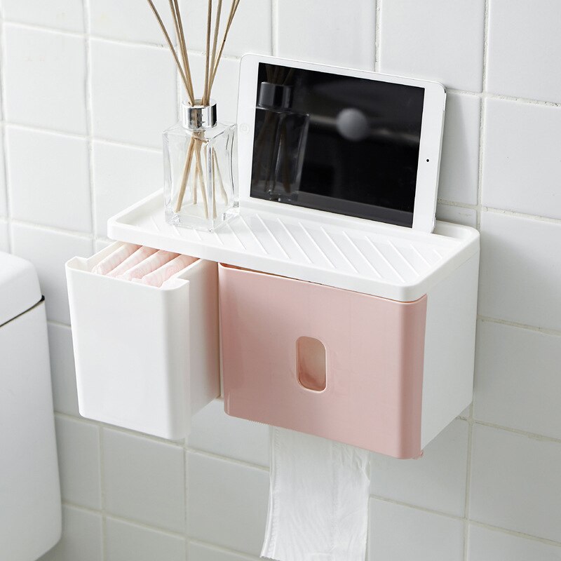 Toilet Roll Box Bathroom Waterproof Tissue Box Plastic Bath Toilet Paper Holder Wall Mounted Paper Storage Holder With Drawer: Pink