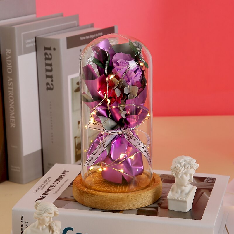 Rose space kunstige blomster tørrede blomster rød rose i glasæske boligindretning fest valentinsdag jul bryllup pige: Ædel lilla