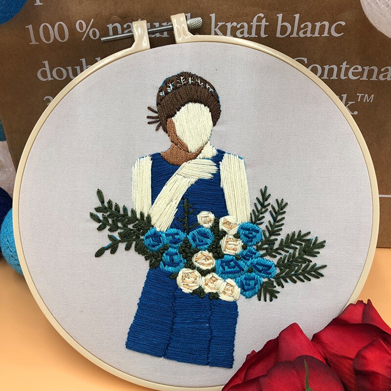 Kit de bordado de ramo de niña moderna, bordado artesanal, patrón de planta de casa, punto de cruz para principiantes (con ARO): I