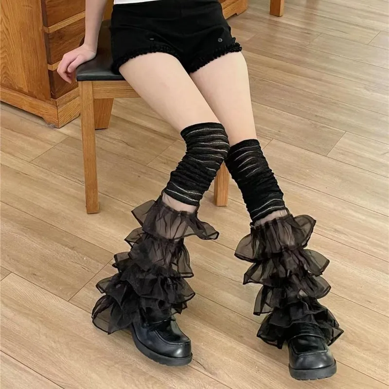 Subkultur lolita piger sød hvid kage lagdelt benbeskytter korea kawaii flerlags blonde lårhøje strømper goth stablede sokker: Sort